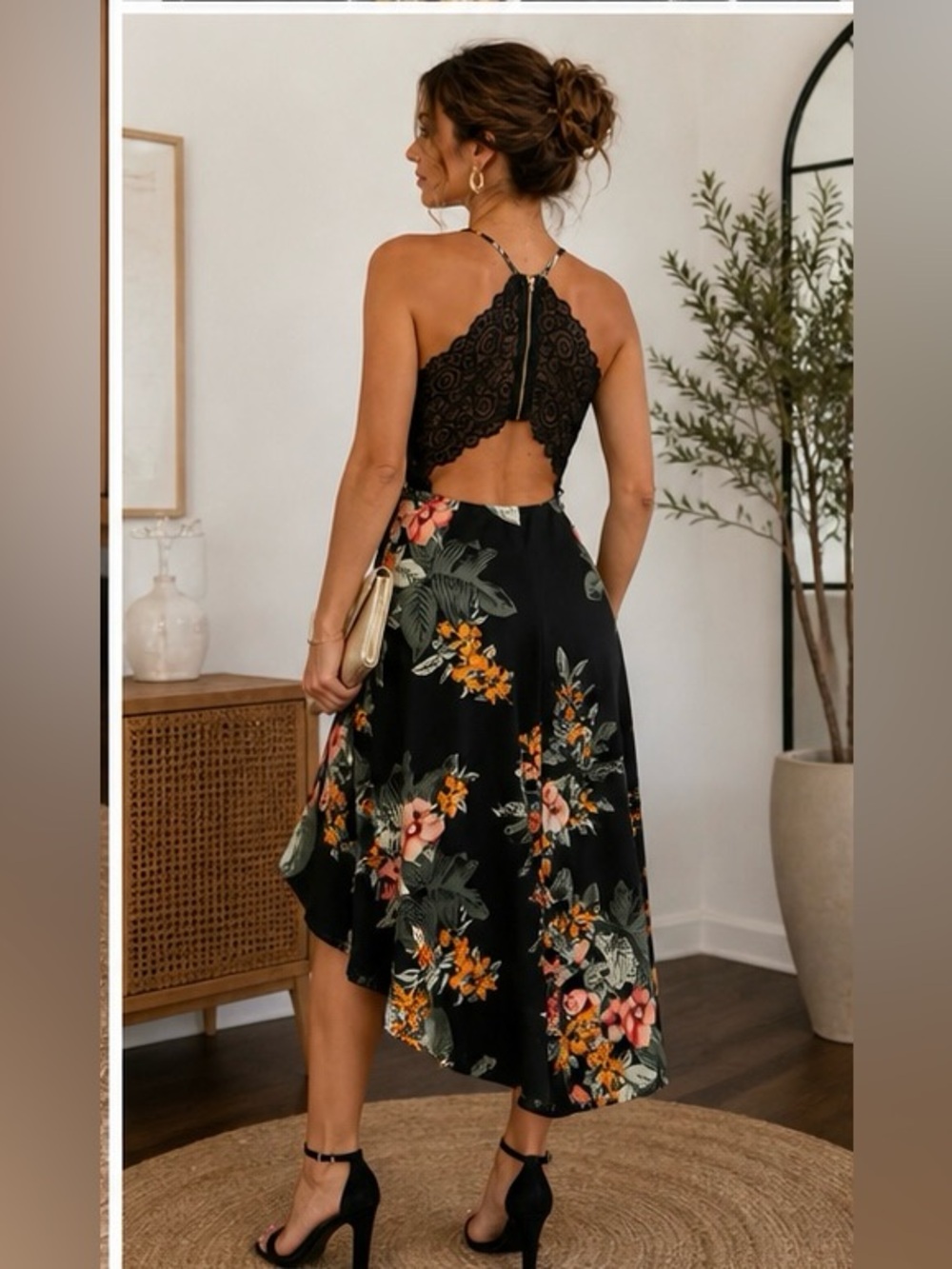 Tropical Floral High Low Dress Lace Back Open Back Vacation Date Night